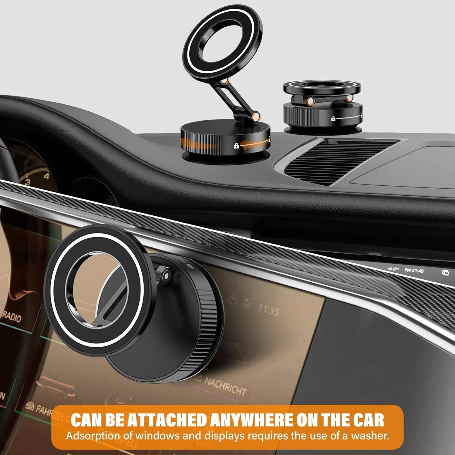 Black magnetic car phone holders with adjustable, circular designs, mounted on a dashboard and display screen.