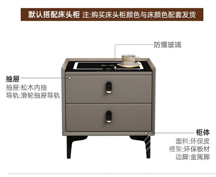 Modern cream bedside table with two drawers, a glass top, and sleek dark metal legs.