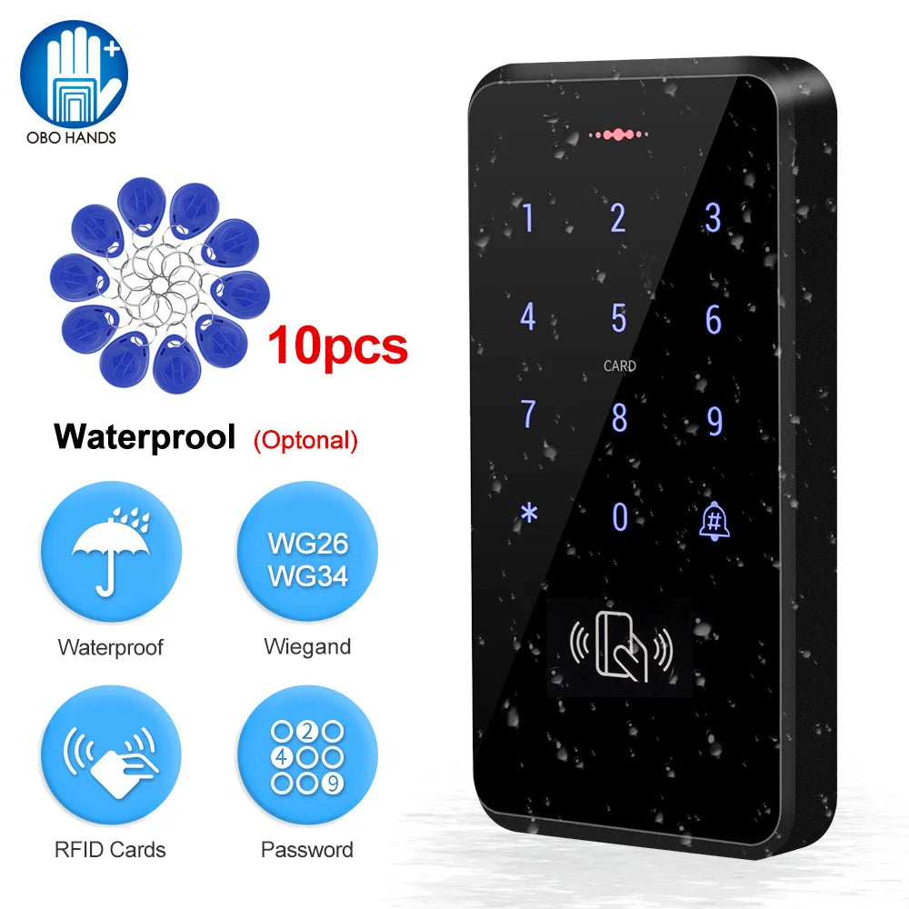 Black waterproof RFID access control keypad with touch interface, including 10 blue RFID key fobs.