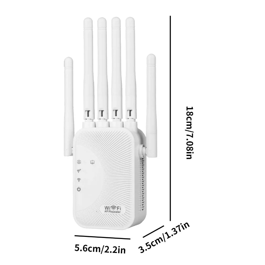 White 1200Mbps WiFi range extender with four external antennas, textured design, and LED status indicators.