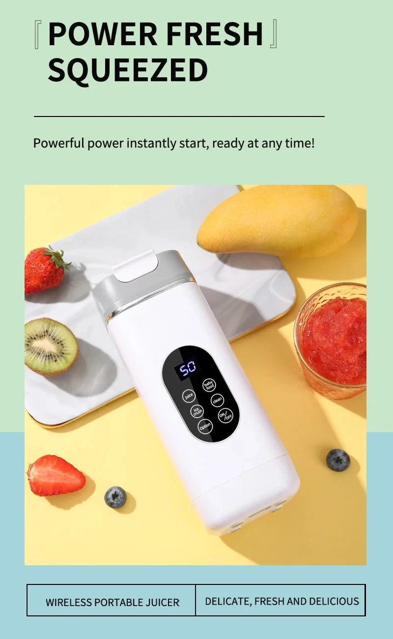 White, modern portable wireless juicer with a grey cap and a digital display panel featuring multiple function buttons.