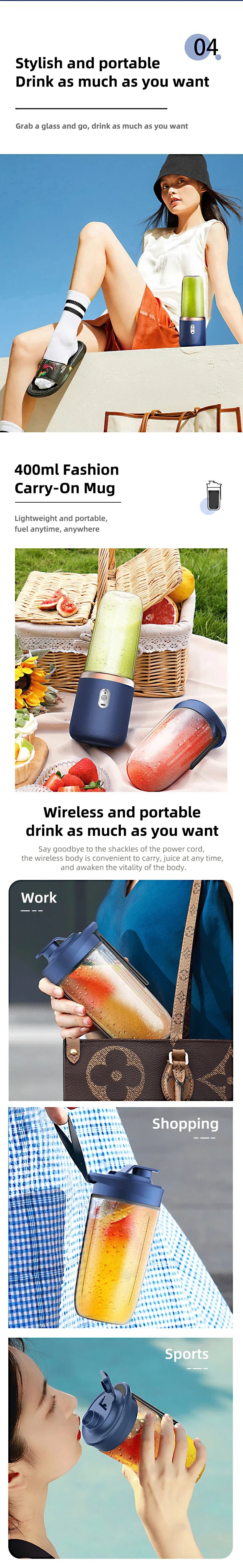 Portable 400ml navy and clear smoothie blender cup with a sleek, minimalist design for on-the-go use.