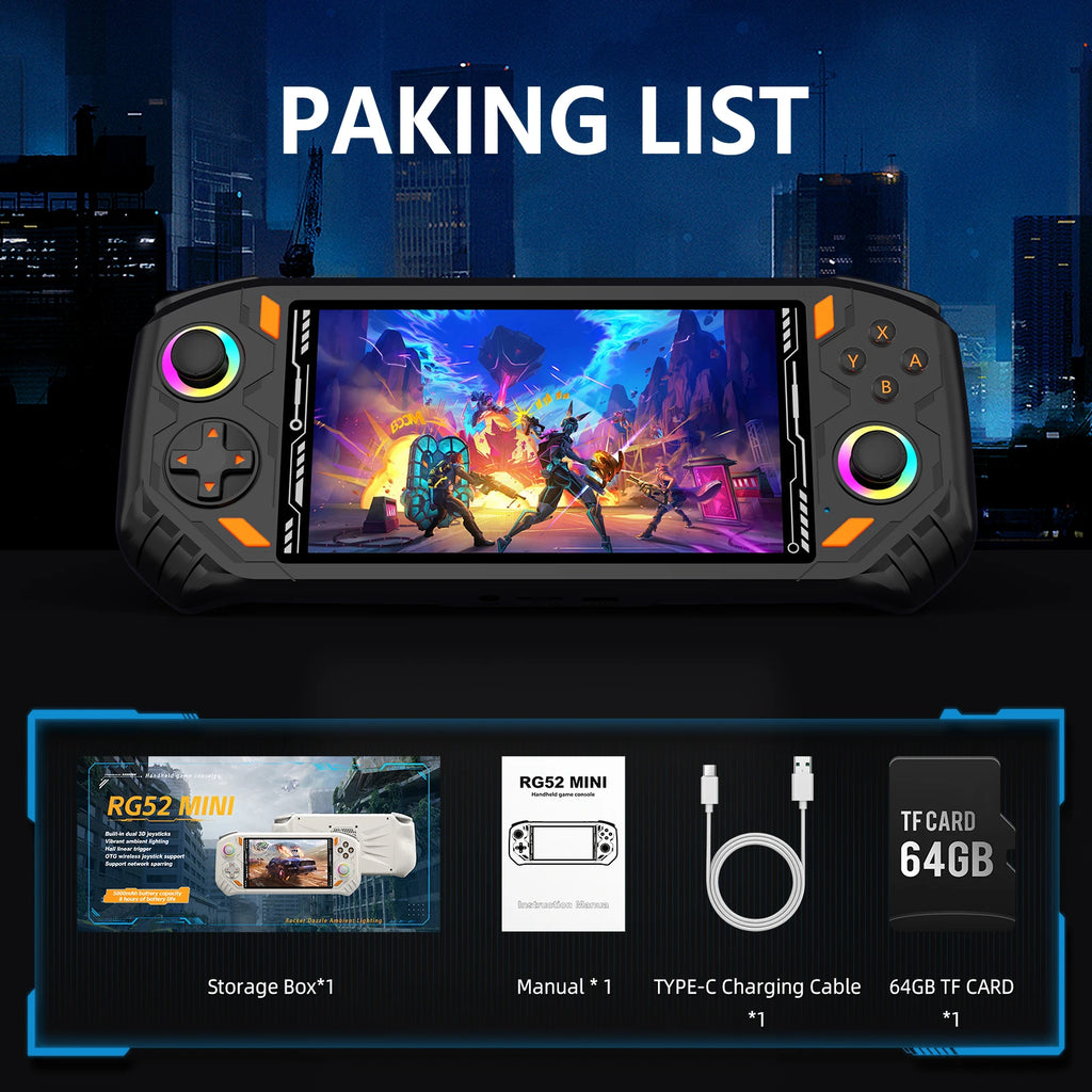 Black AISLPC RG52 MINI handheld game console with screen, dual joysticks, D-pad, and action buttons, plus included items.