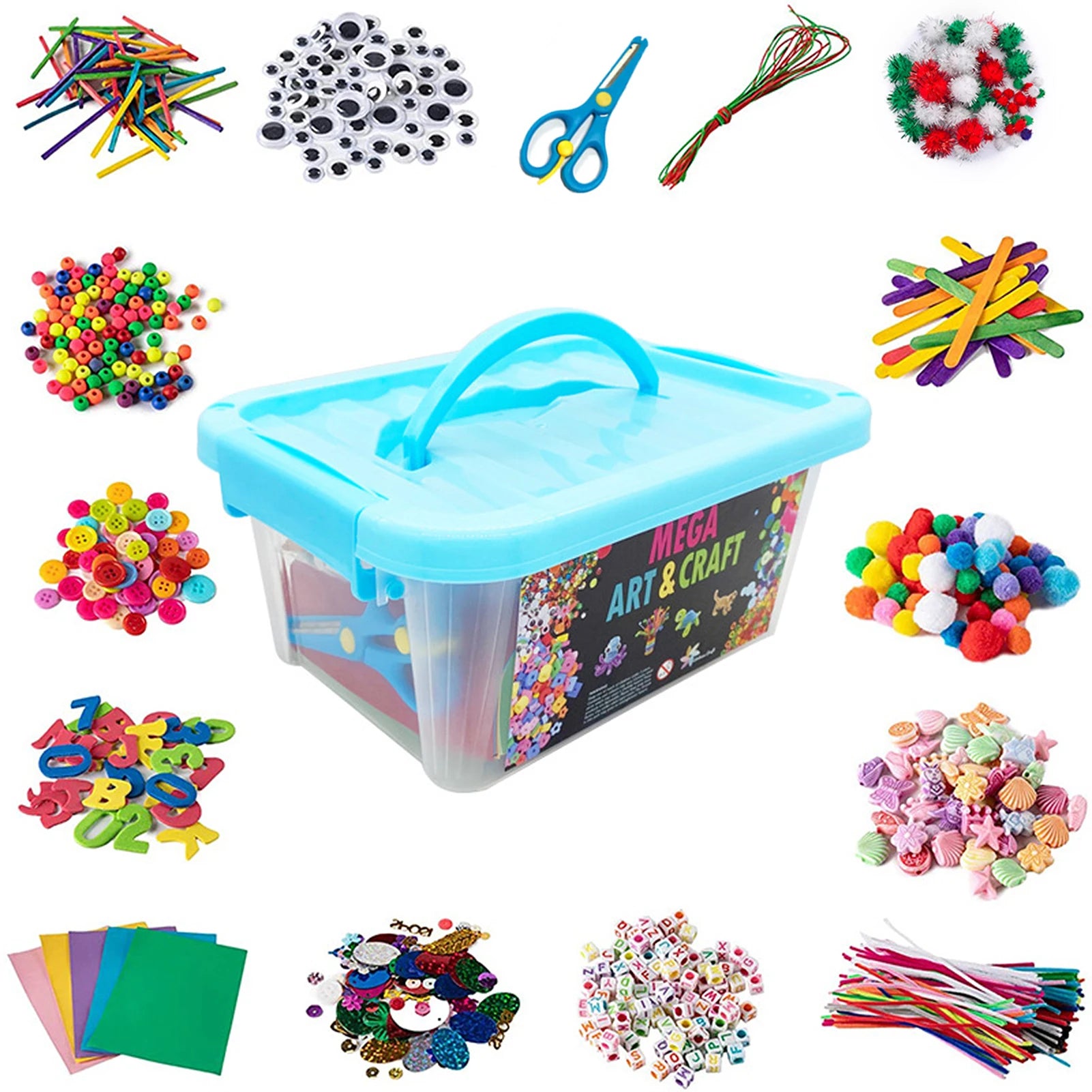 Light blue storage box filled with assorted kids' craft supplies like beads, felt shapes, pompoms, and pipe cleaners.