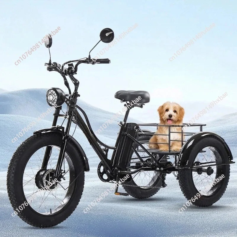 Black three-wheeled electric tricycle with fat tires, front headlight, mirror, and rear cargo basket holding a dog.