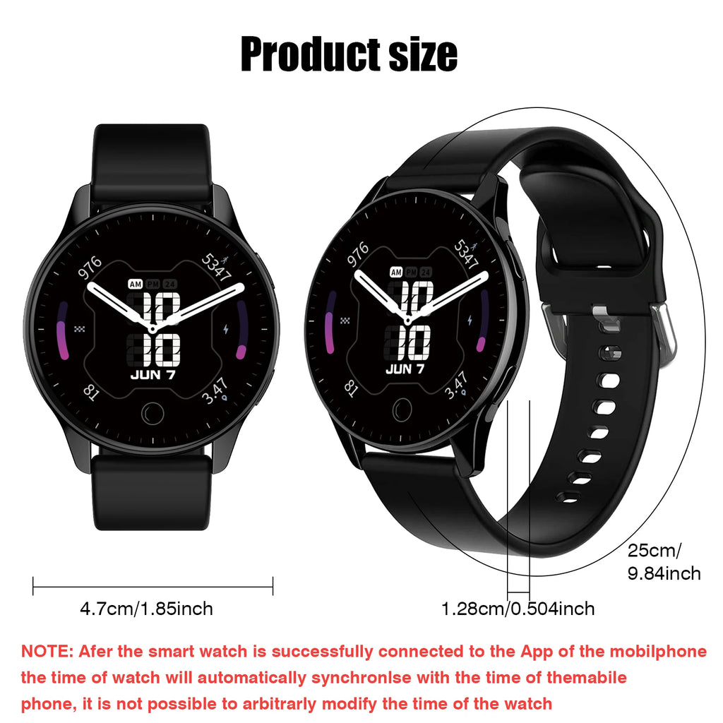 Two views of a sleek black multi-sport smartwatch showing the display face, silicone strap, and product dimensions.