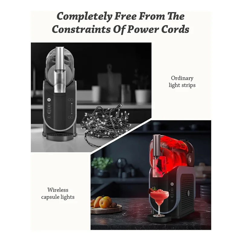 Wireless capsule-shaped lighting module for slushie machines, shown glowing red to illuminate the drink container.
