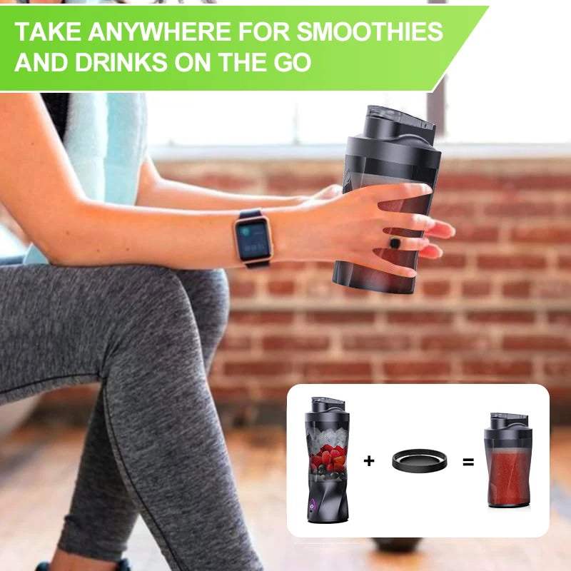 Black portable blender cup held by a person. Includes a sleek design, lid, and a diagram showing assembly.