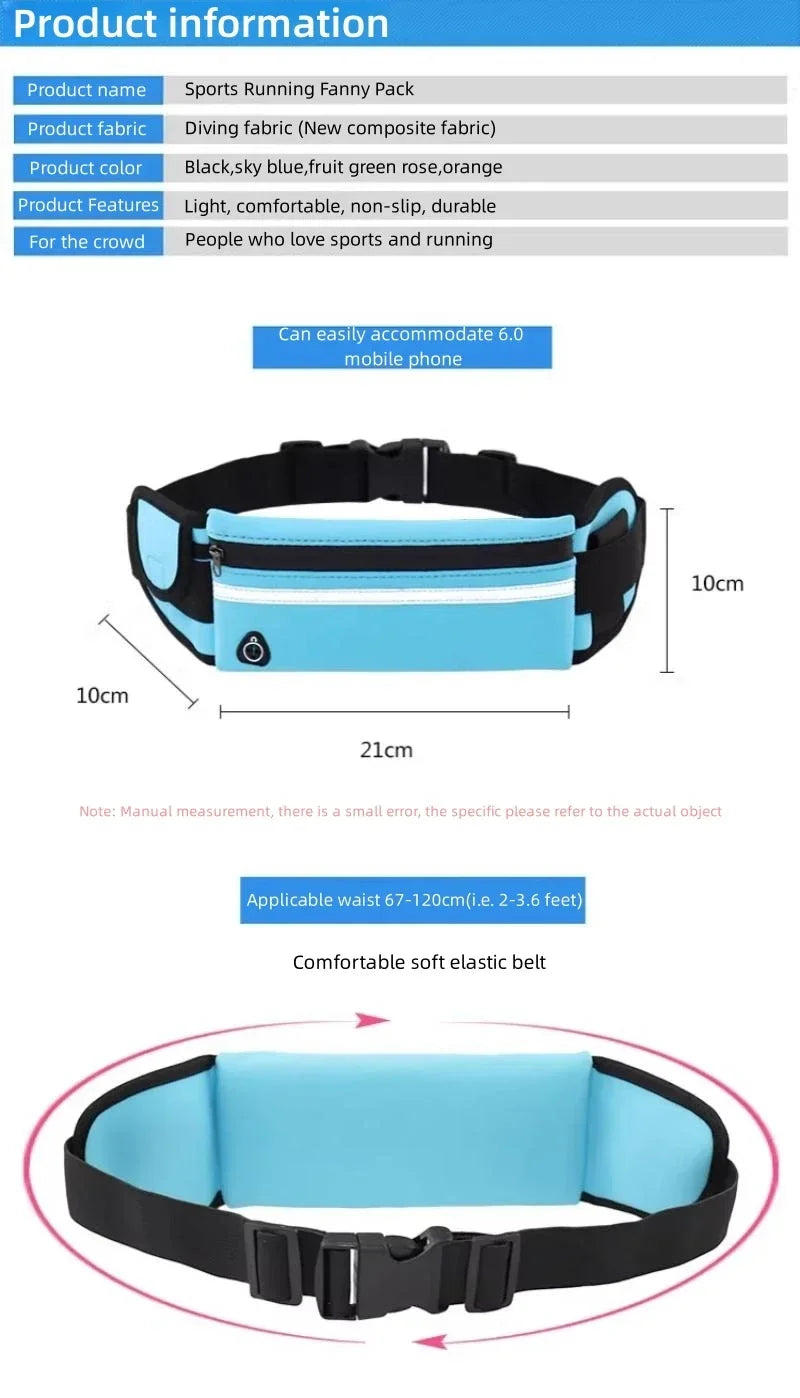 Lightweight sky blue running waist belt with a zipped pocket, adjustable strap, and headphone cable port.