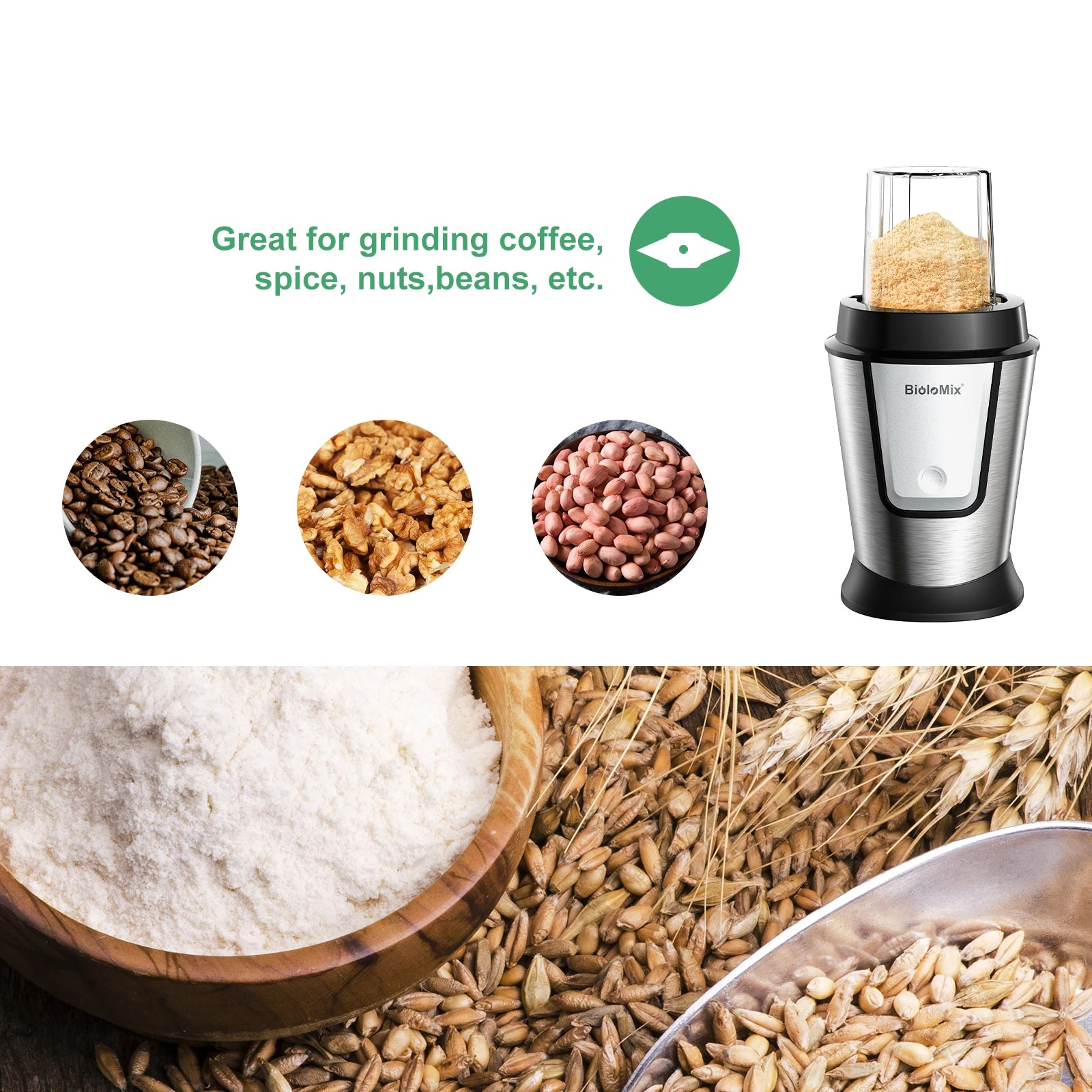 Silver and black electric grinder for coffee, spices, and nuts, shown with ingredient examples and milled powder.