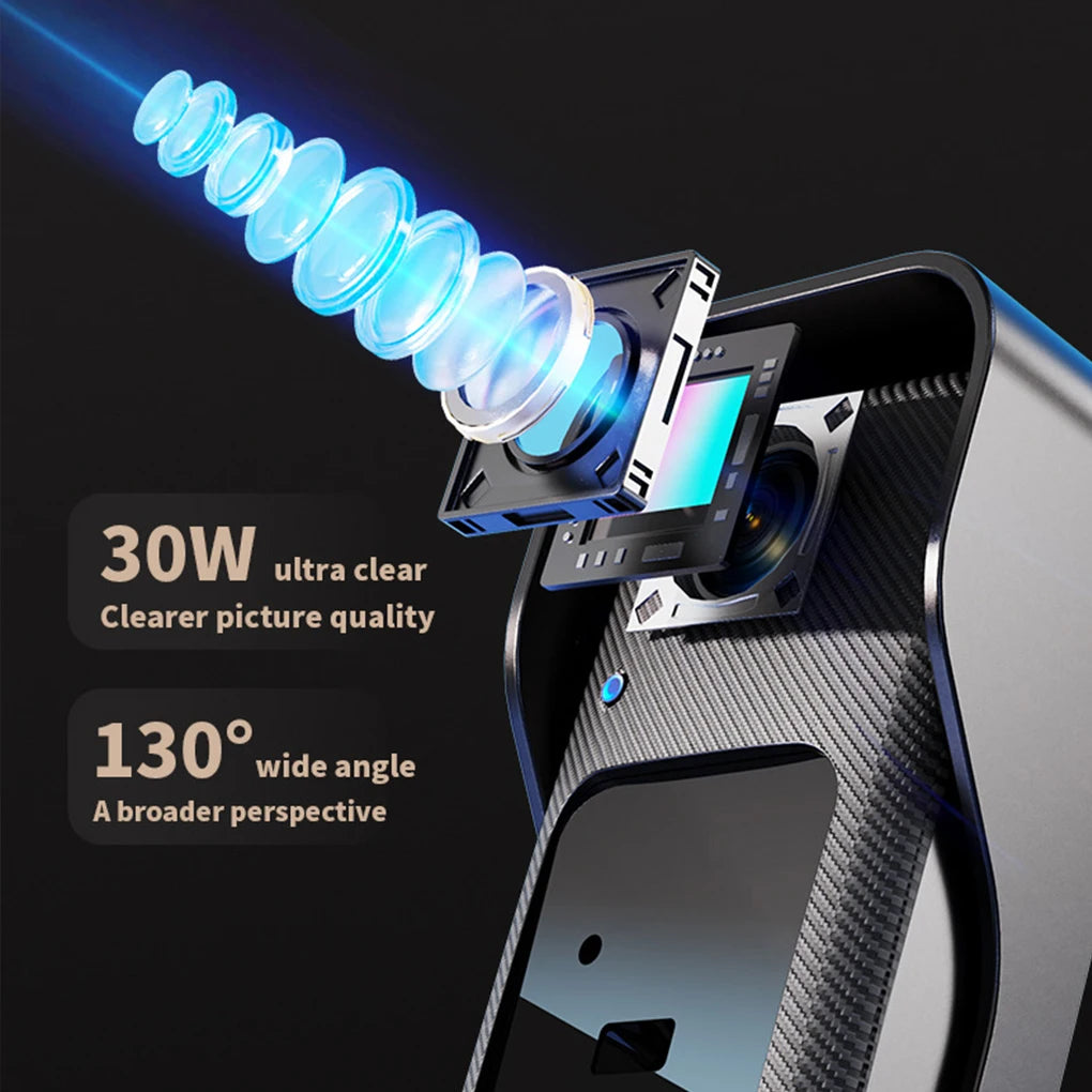 Black wireless video doorbell featuring a carbon-fibre effect casing, wide-angle lens, and clear night vision sensor.