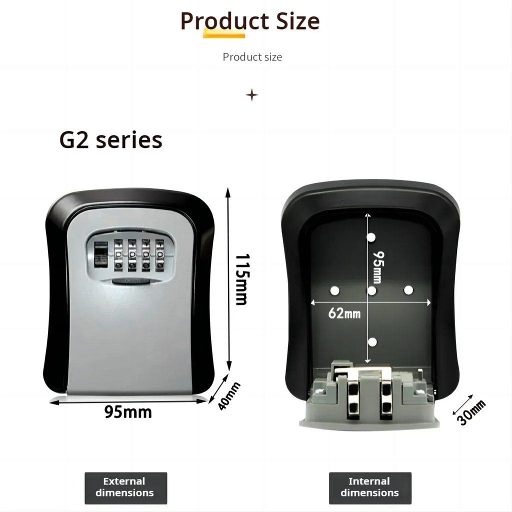 Black and grey metal key lock box with a four-digit combination dial, shown with external and internal dimensions.
