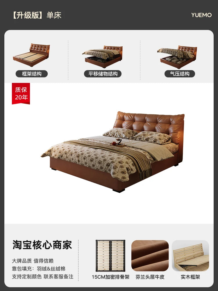 Modern Nordic-style tan leather double bed with a button-tufted headboard and lift-up under-bed storage.