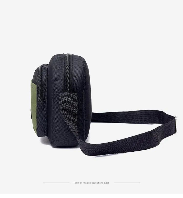 Black and olive green men's crossbody bag with multiple zipped compartments and an adjustable shoulder strap.