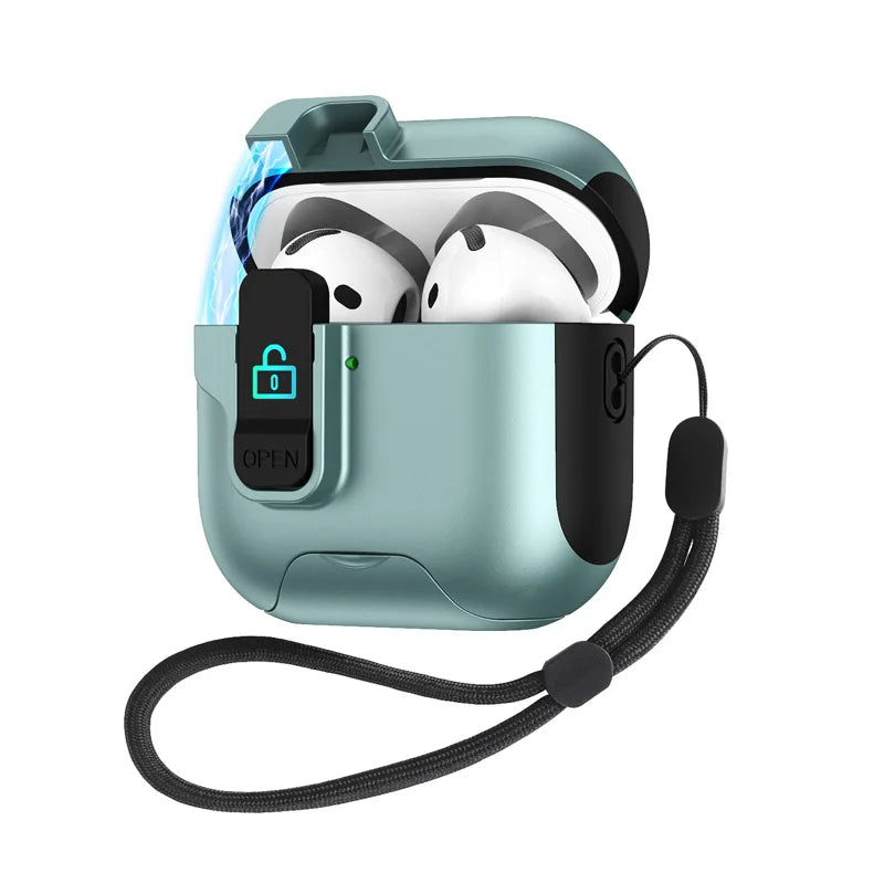 Metallic teal locking case for AirPods, featuring a black secure latch, rugged design, and matching wrist lanyard.