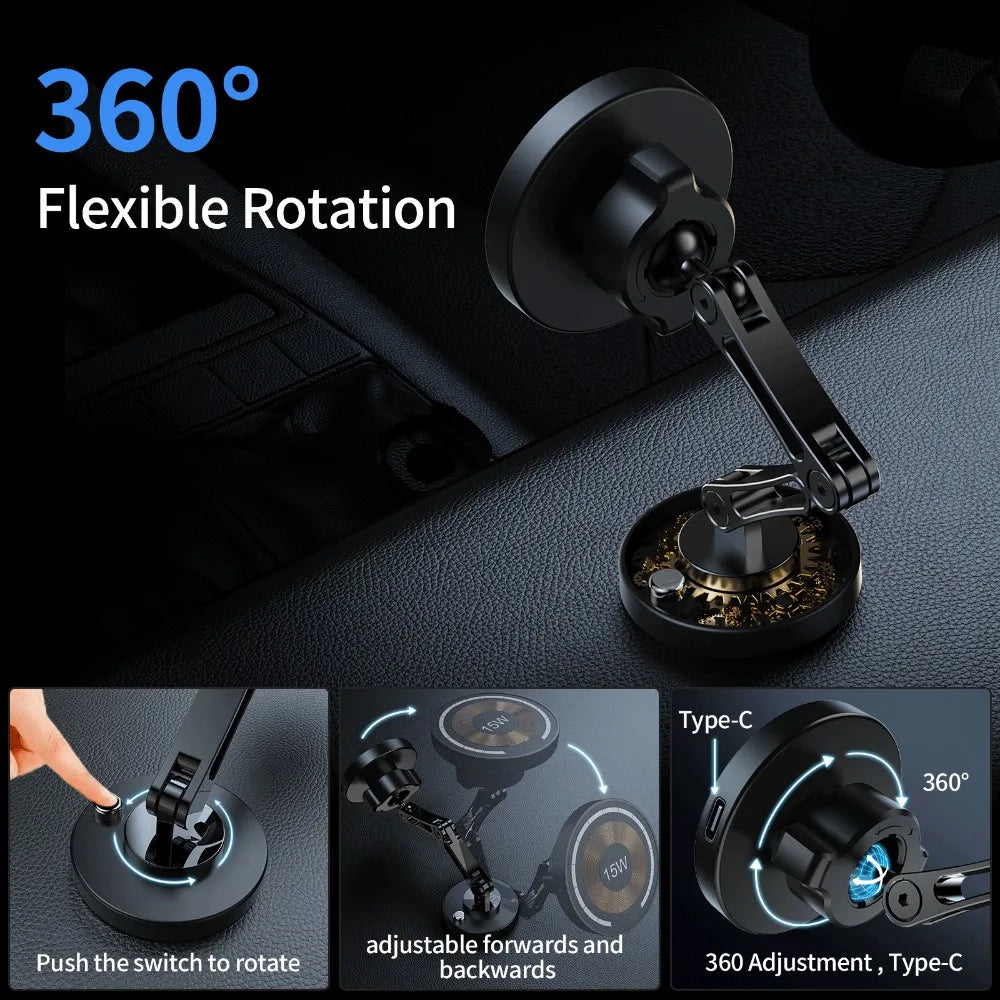 Black magnetic car phone mount with adjustable folding arm, 360-degree rotation, and Type-C port.