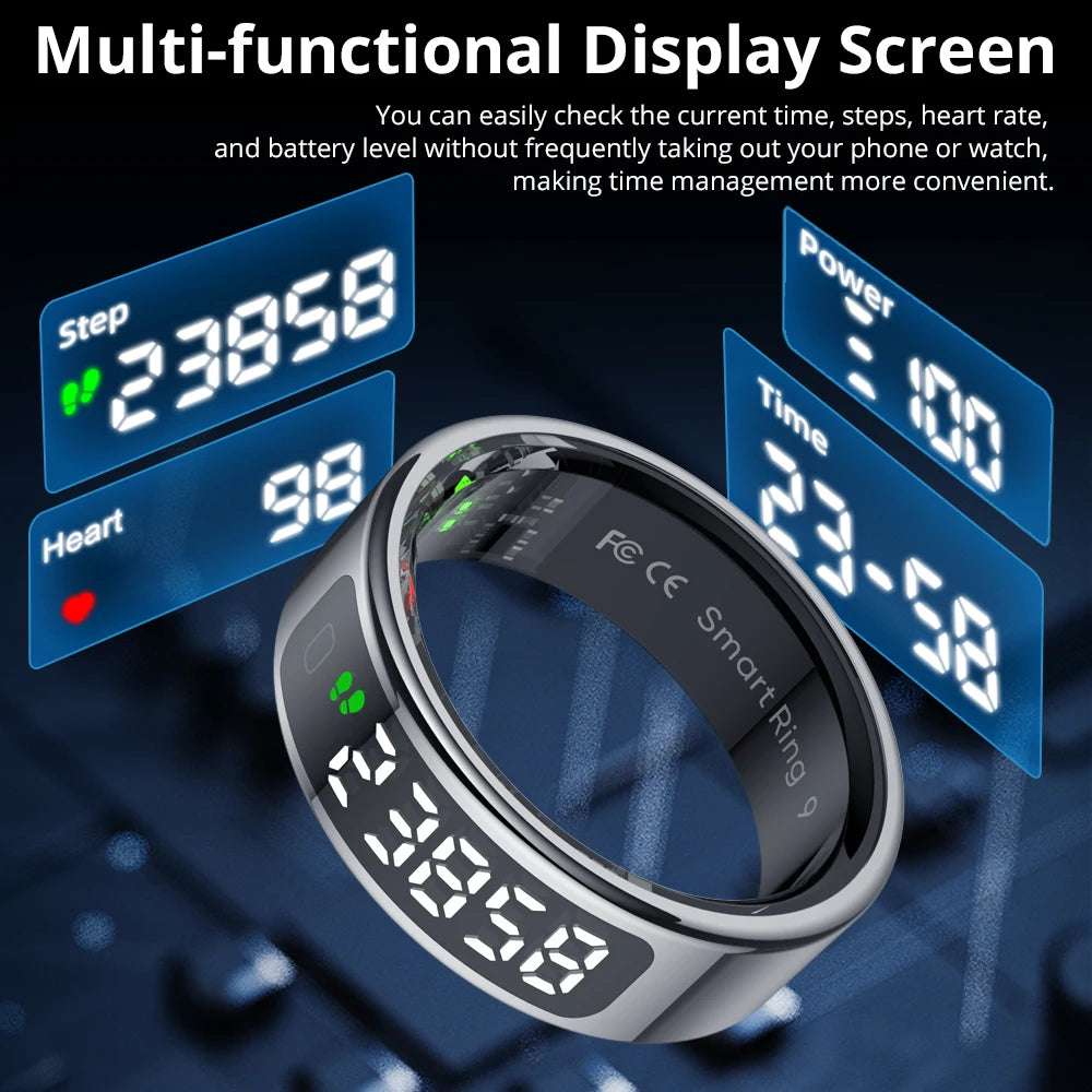 Sleek silver smart ring with an integrated digital display showing steps, heart rate, battery, and time.
