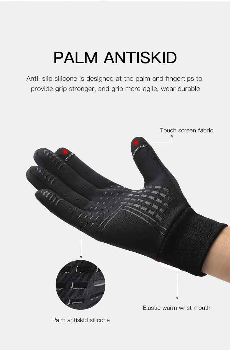 Black thermal gloves featuring touch-screen fingertips, silicone palm grip, and an elasticated wrist cuff.