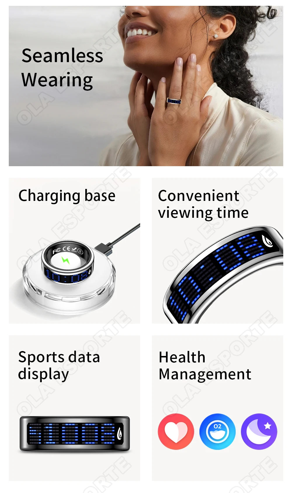 Sleek silver smart ring with blue digital display, showing charging base, fitness tracking and health icons.