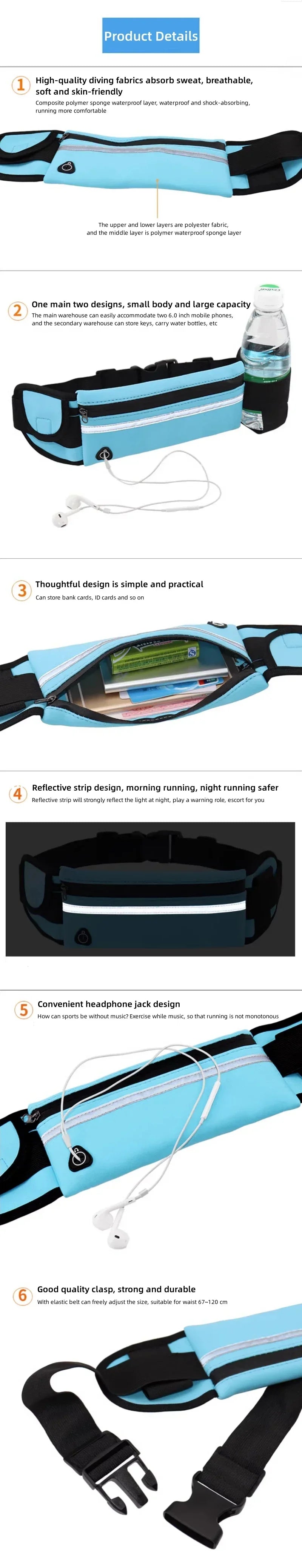 Light blue running belt with reflective strip, headphone port, water bottle holder, and adjustable buckle strap.