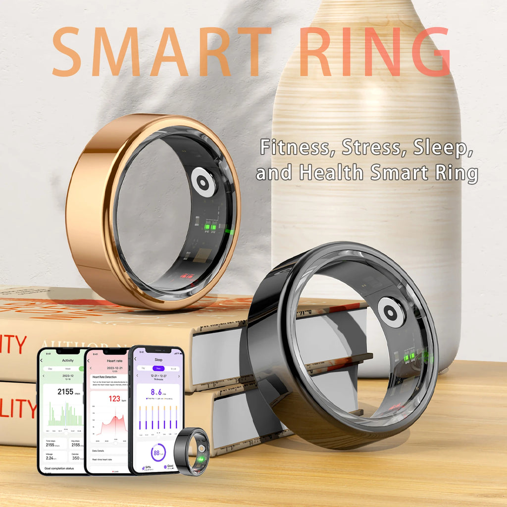 Gold and black sleek smart health tracking rings, shown with a mobile app displaying fitness and sleep data statistics.
