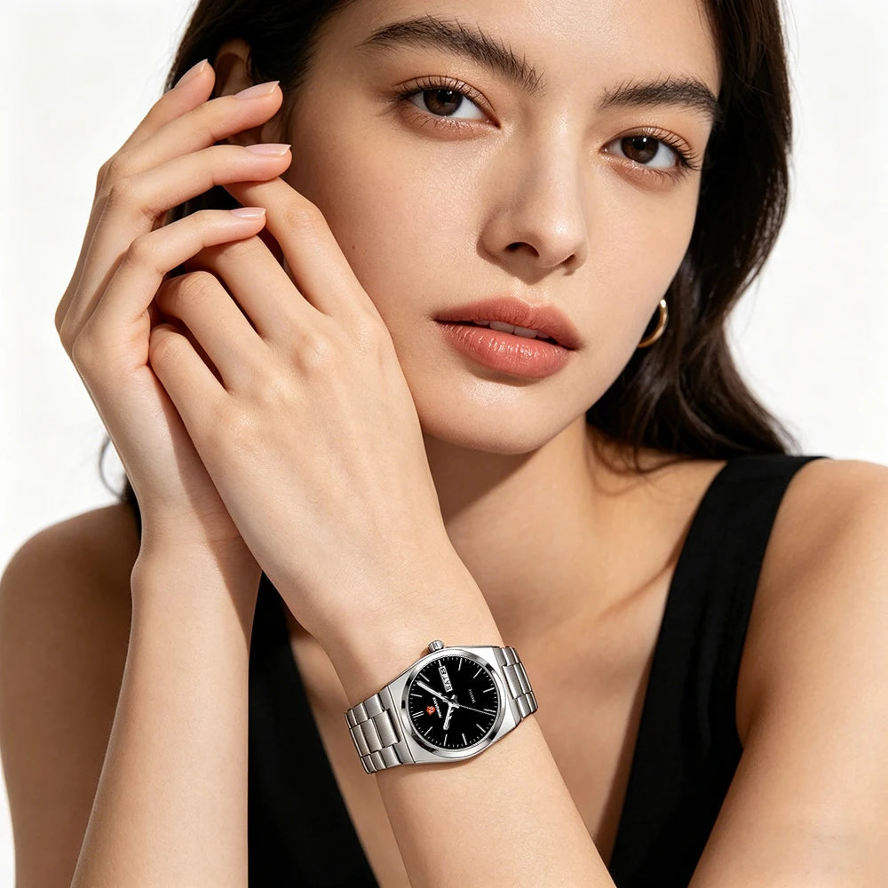 Women’s ultra-thin quartz watch with a black dial and silver stainless steel bracelet.
