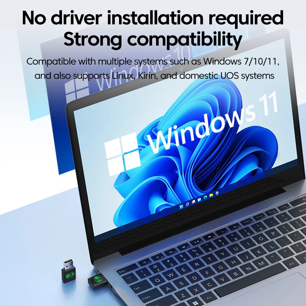 Small black WiFi 6 and Bluetooth 5.4 USB adapter plugged into a laptop, showing easy, driver-free compatibility.