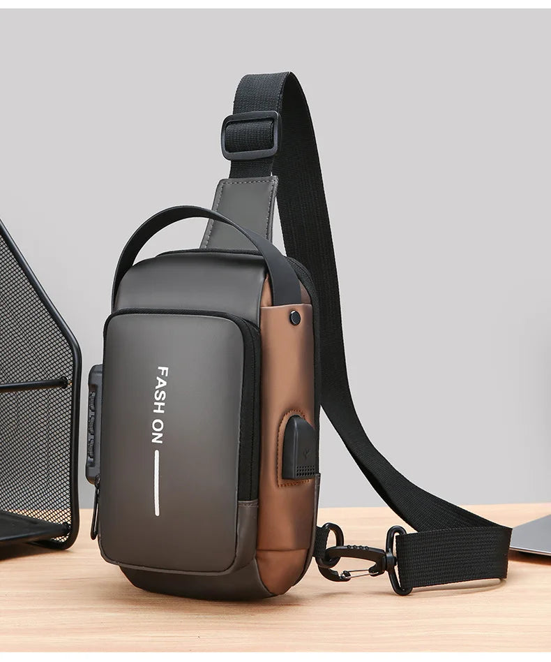 Grey and bronze anti-theft crossbody sling bag with adjustable strap, integrated USB charging port, and handle.