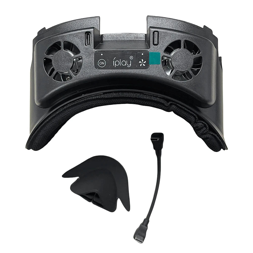 Black Meta Quest 3 cooling fan accessory with dual circular fans, facial interface, nose guard, and cable.