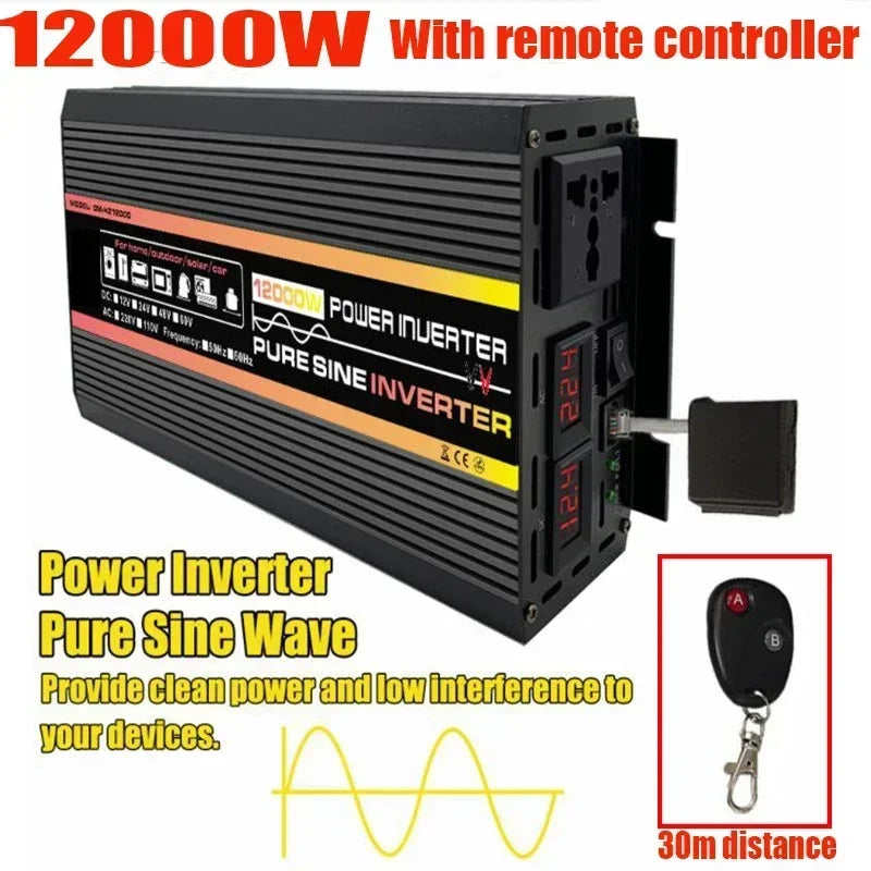 Black 12000W pure sine wave power inverter with plug sockets, digital display and remote control.