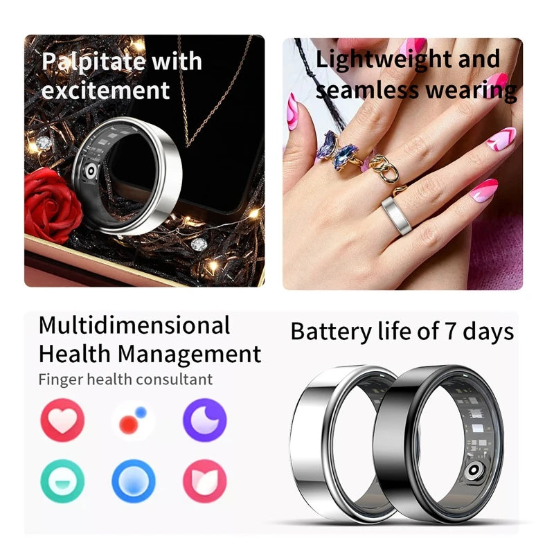 Sleek silver and black smart health tracking rings, shown worn and as standalone designs with 7-day battery life.