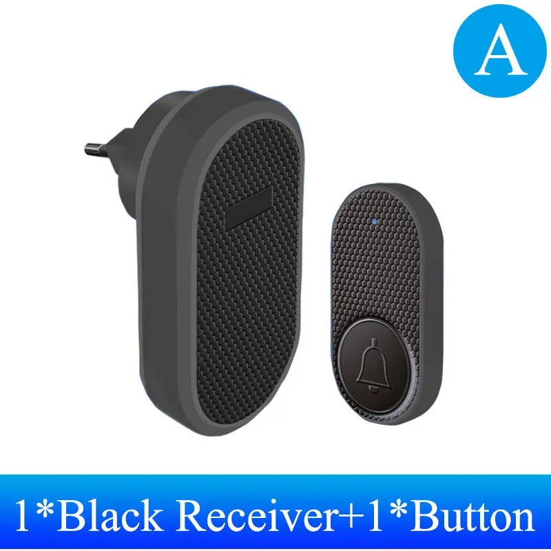 Wireless doorbell set with a black plug-in receiver and button, both featuring a modern textured finish.