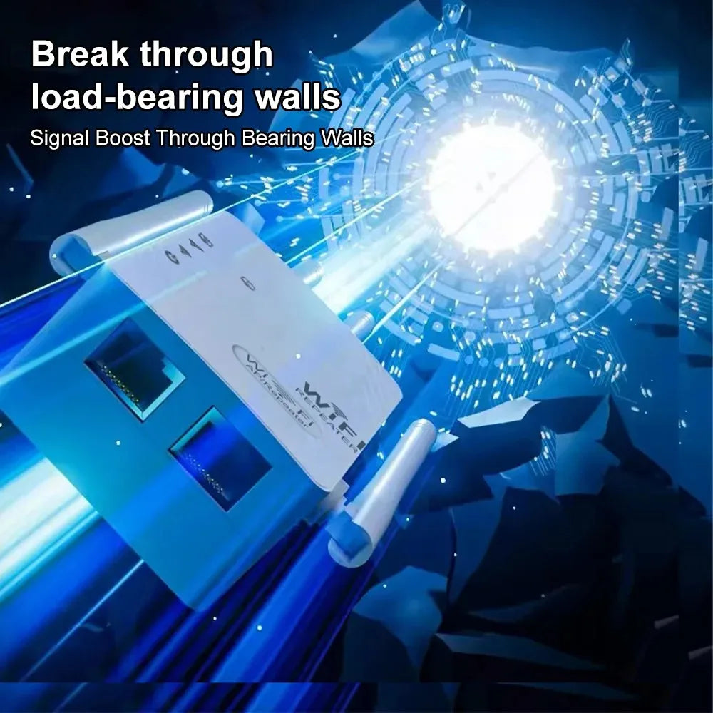 White dual-band WiFi repeater with two antennas, shown emitting a powerful blue digital signal through a wall.