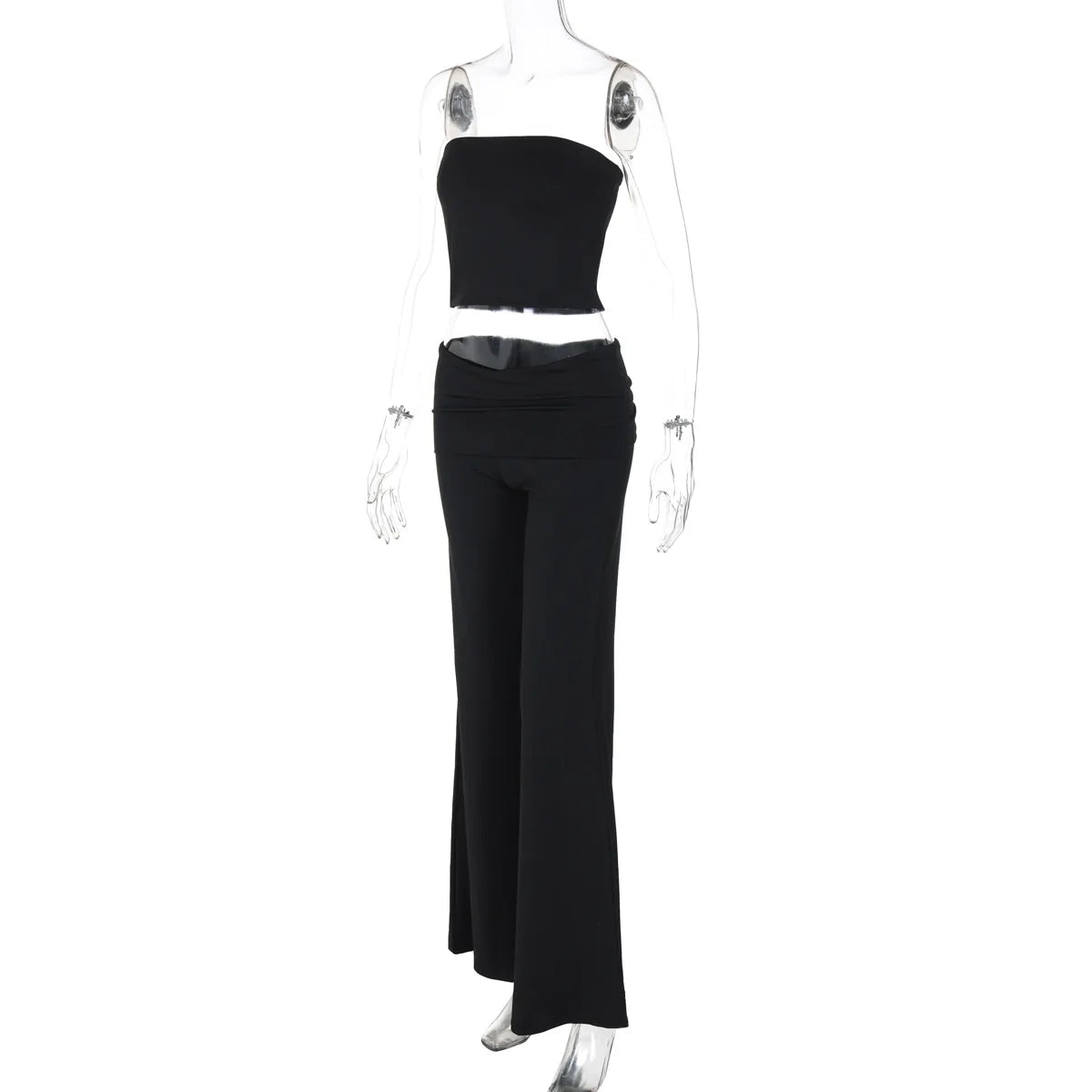 Black two-piece set featuring a strapless crop top and high-waisted wide-leg trousers on a mannequin.