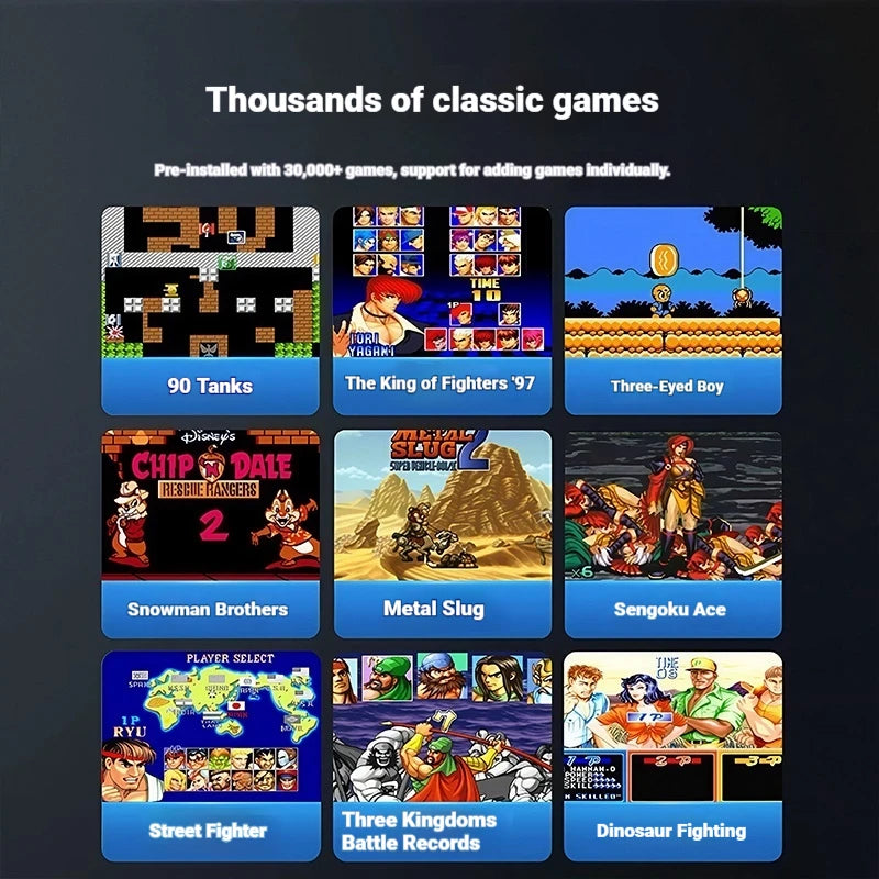 Grid of 9 classic arcade games including King of Fighters, Street Fighter, and Metal Slug on a dark background.