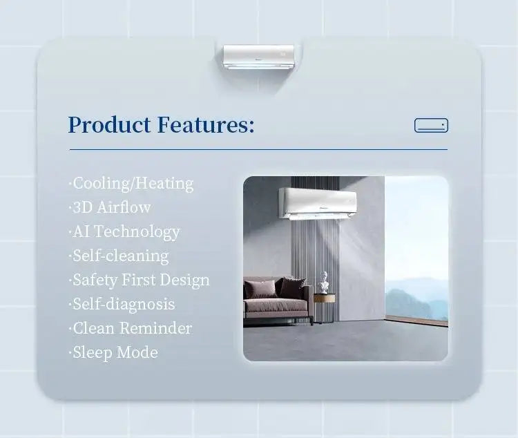 White wall-mounted smart inverter AC unit in a modern living room, with features list including cooling and heating.