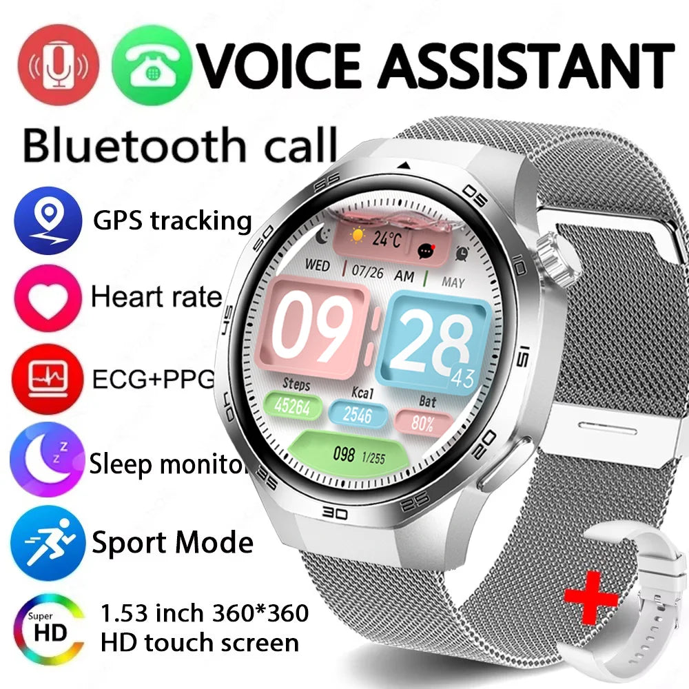 Silver smartwatch with mesh strap, HD touchscreen, GPS, heart rate monitor, sleep tracking, and Bluetooth calling.