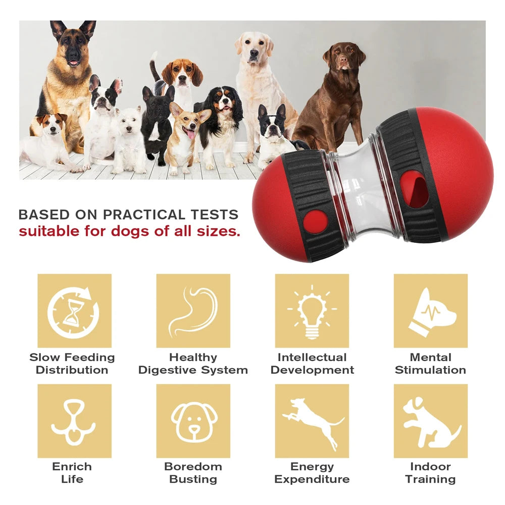 Red and black interactive dog slow feeder toy, showing benefits for digestion, mental stimulation, and training.