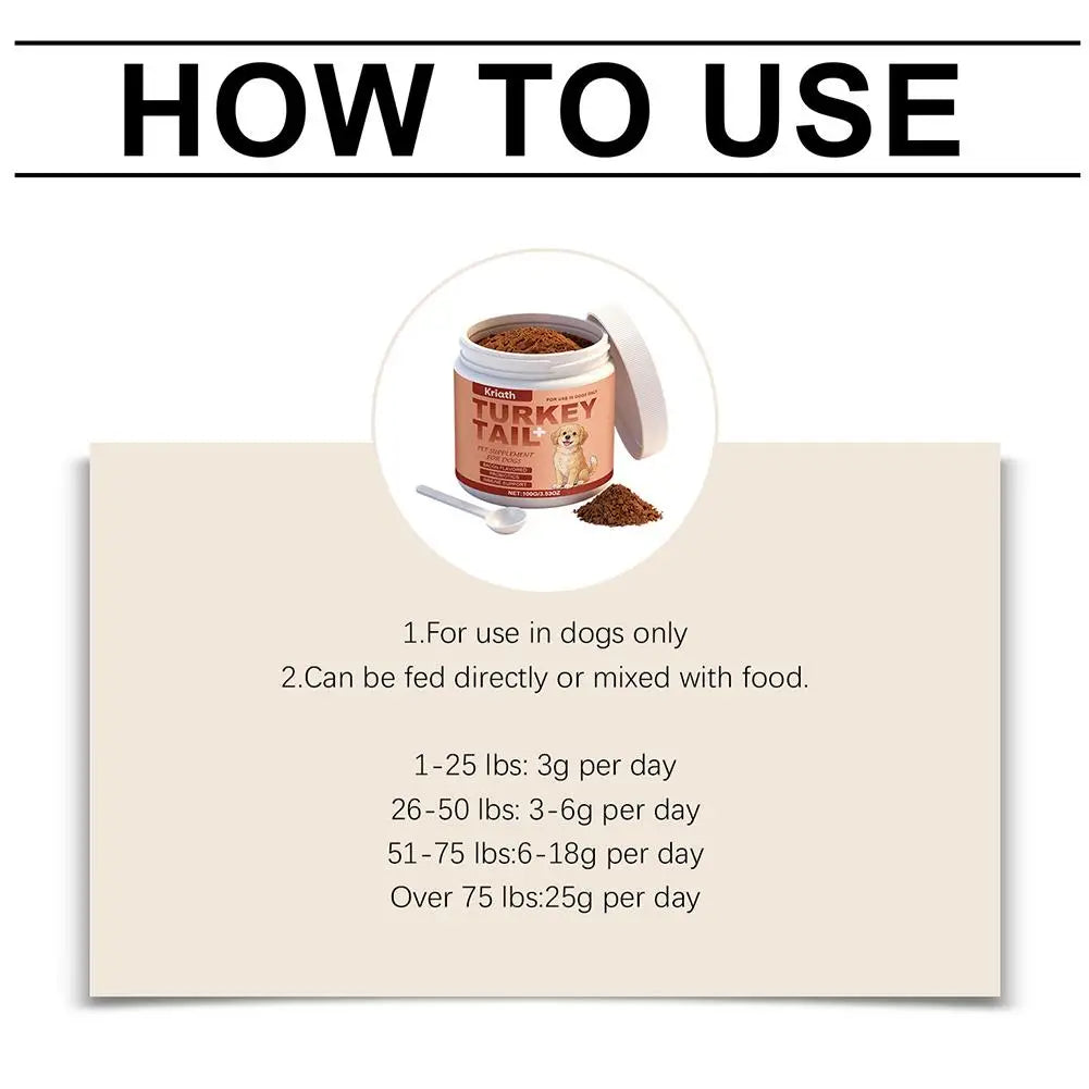 Turkey Tail dog supplement powder in a white tub with a measuring scoop, featuring dosage instructions by dog weight.