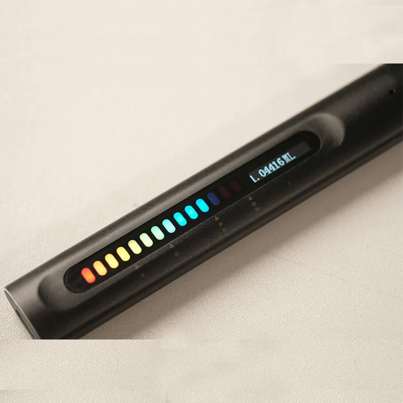 Black, slender respiratory muscle training device with a vibrant rainbow LED progress bar and digital display screen.