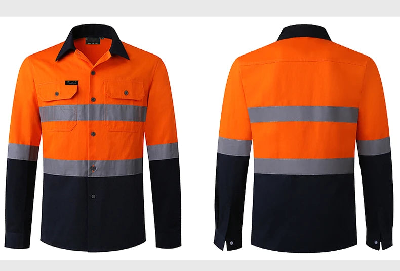 Front and back view of a men's high-visibility orange and navy long-sleeve work shirt with silver reflective tape.