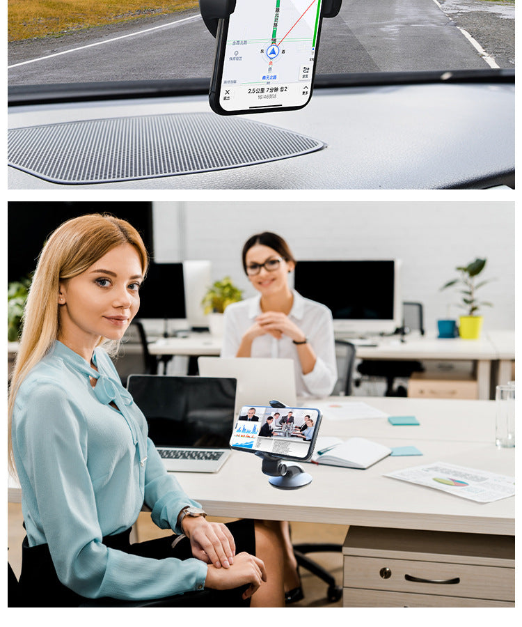 Black universal smartphone car mount holder shown mounted on a car dashboard and a desk surface.