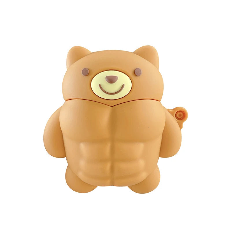 Tan silicone AirPods case featuring a cute, muscular bear character design.
