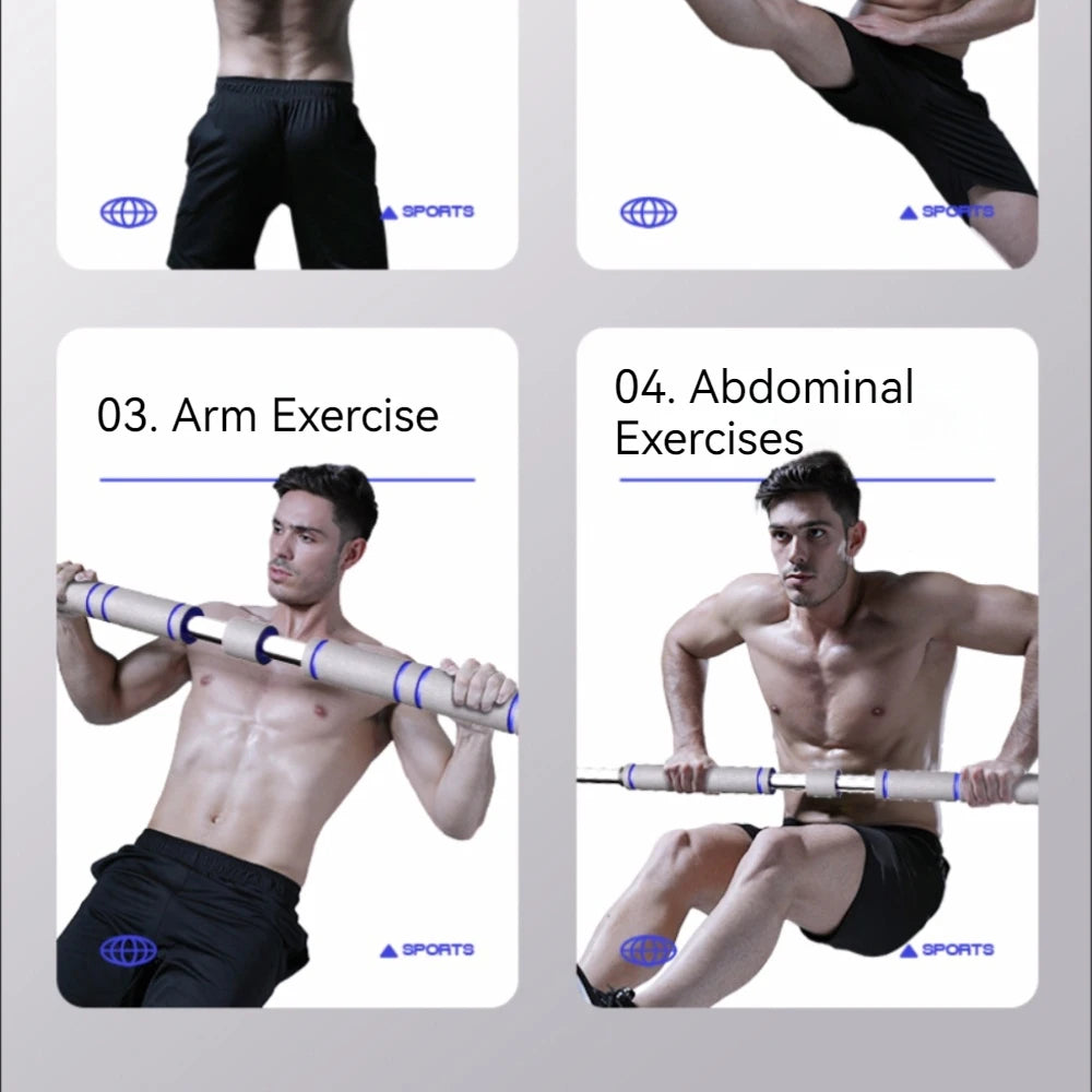 A shirtless man demonstrating arm and abdominal exercises using a silver and blue workout bar.