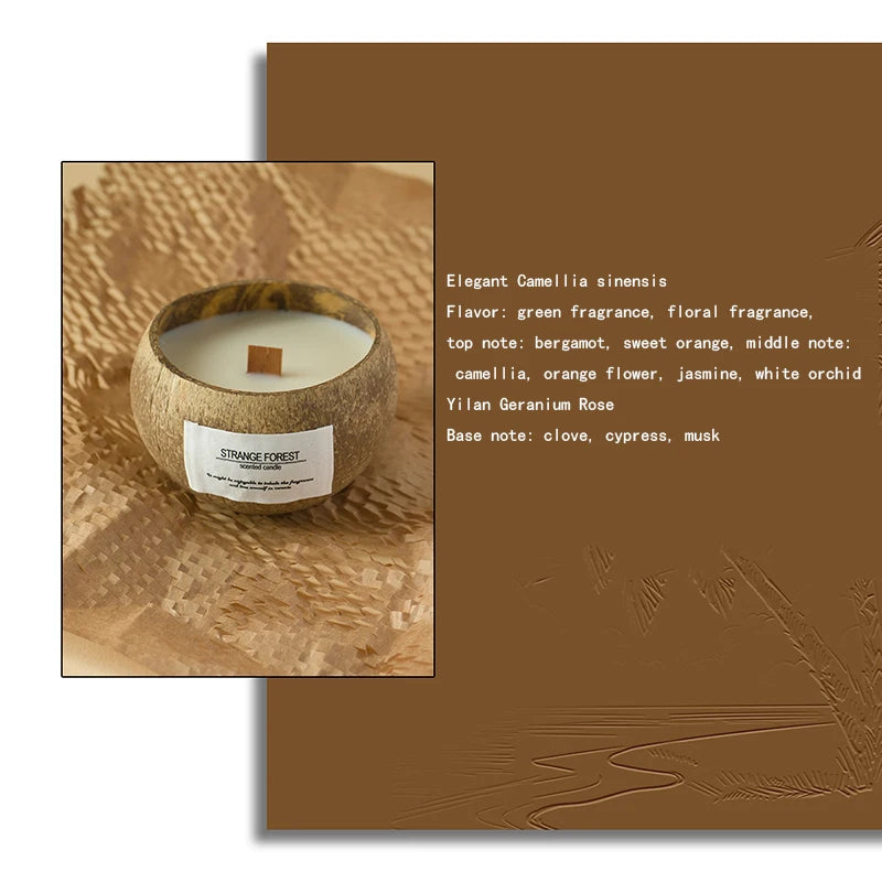 Scented candle in a rustic, textured coconut shell bowl with a wooden wick, set on light brown honeycomb paper.