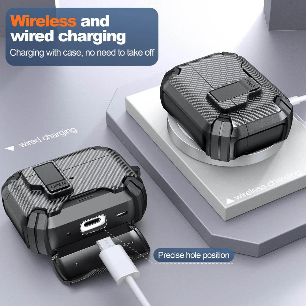 Rugged black carbon-fibre style AirPods protective case with locking latch, supporting wireless and wired charging.