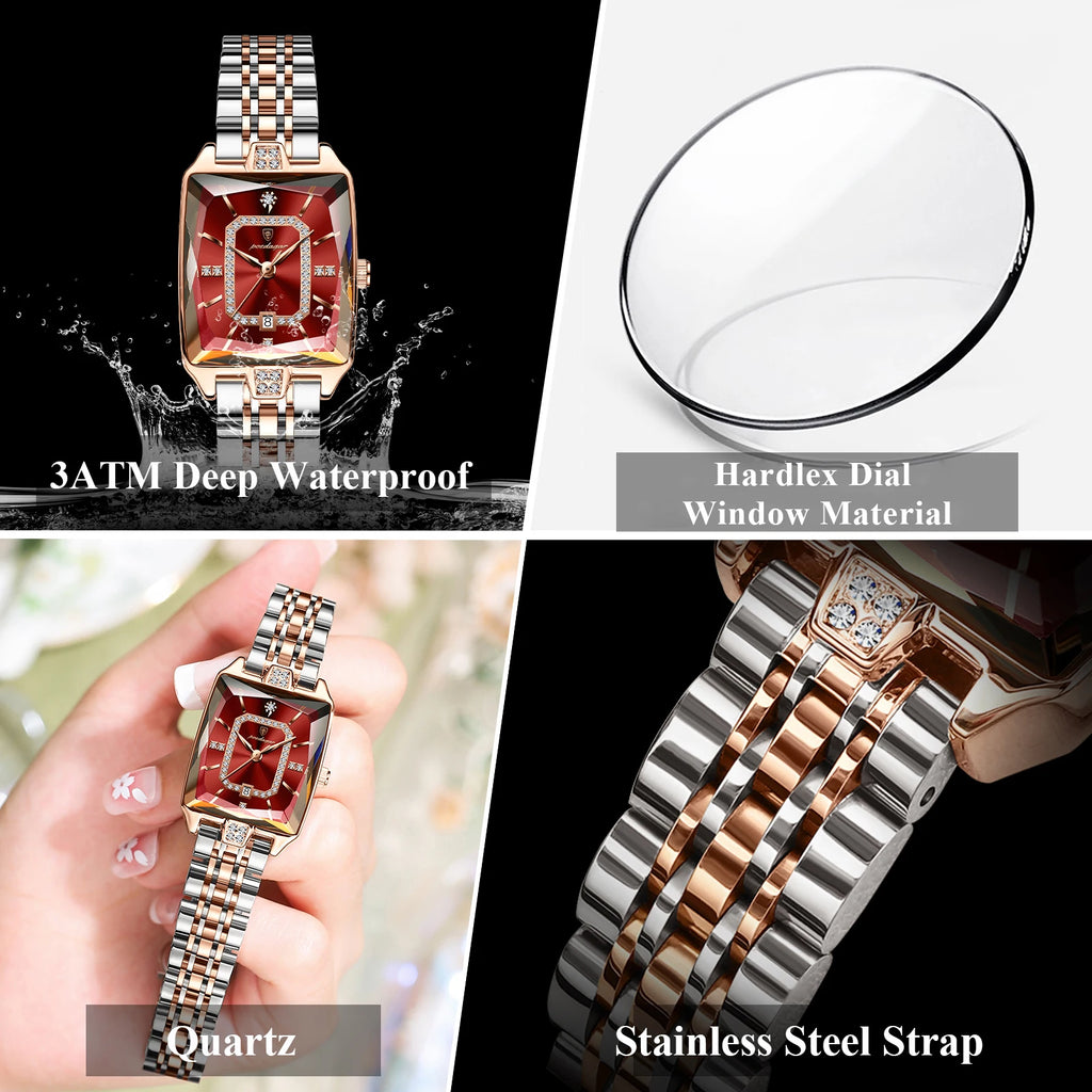 POEDAGAR luxury women's watch with rectangular red dial, calendar, and two-tone stainless steel strap.