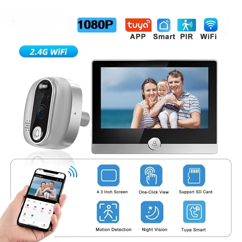 Silver smart video doorbell with 4.3-inch indoor monitor, HD night vision, motion detection, and mobile app control.