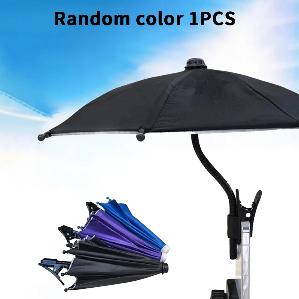Mini sun umbrella with a flexible neck and sturdy clip for mobile devices, available in various colours.