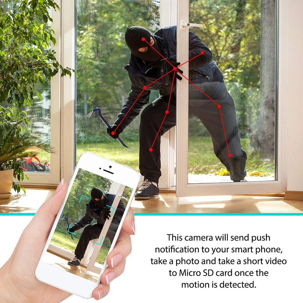 White smartphone displaying a security camera feed of an intruder, demonstrating motion-detected push notifications.